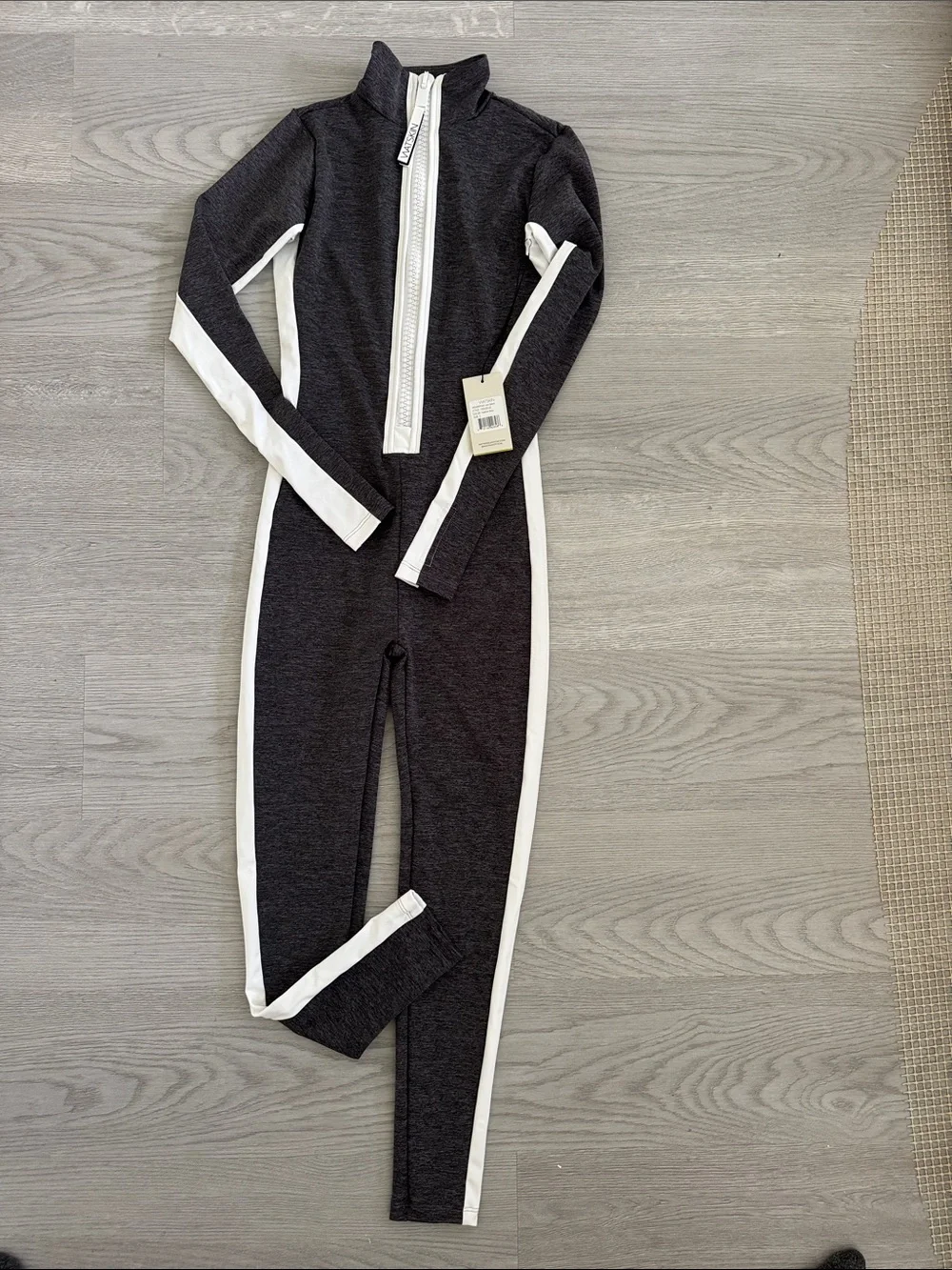 Watskin grey bathing suit with White Stripe Trim